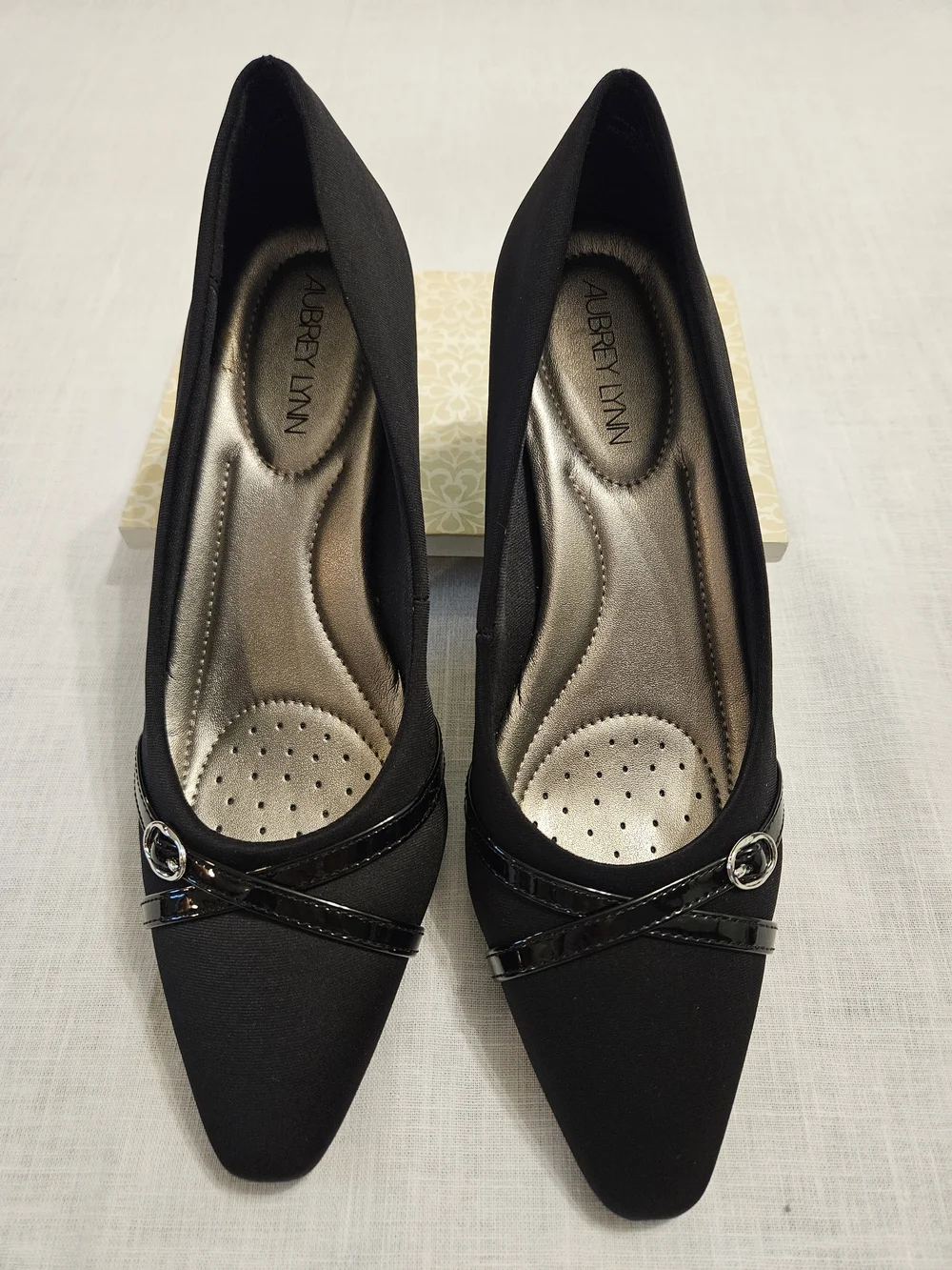 Black Pointed-Toe Mid Kitten Heel Pumps with Patent Trim